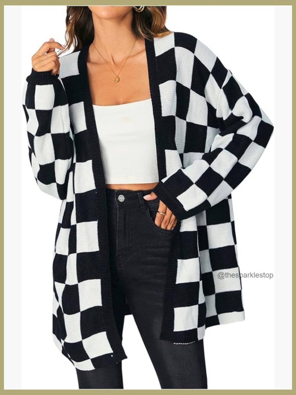 Oversized Checkered Cardigan Sweater Long Sleeve Open Front Lightweight High - Picture 1 of 7